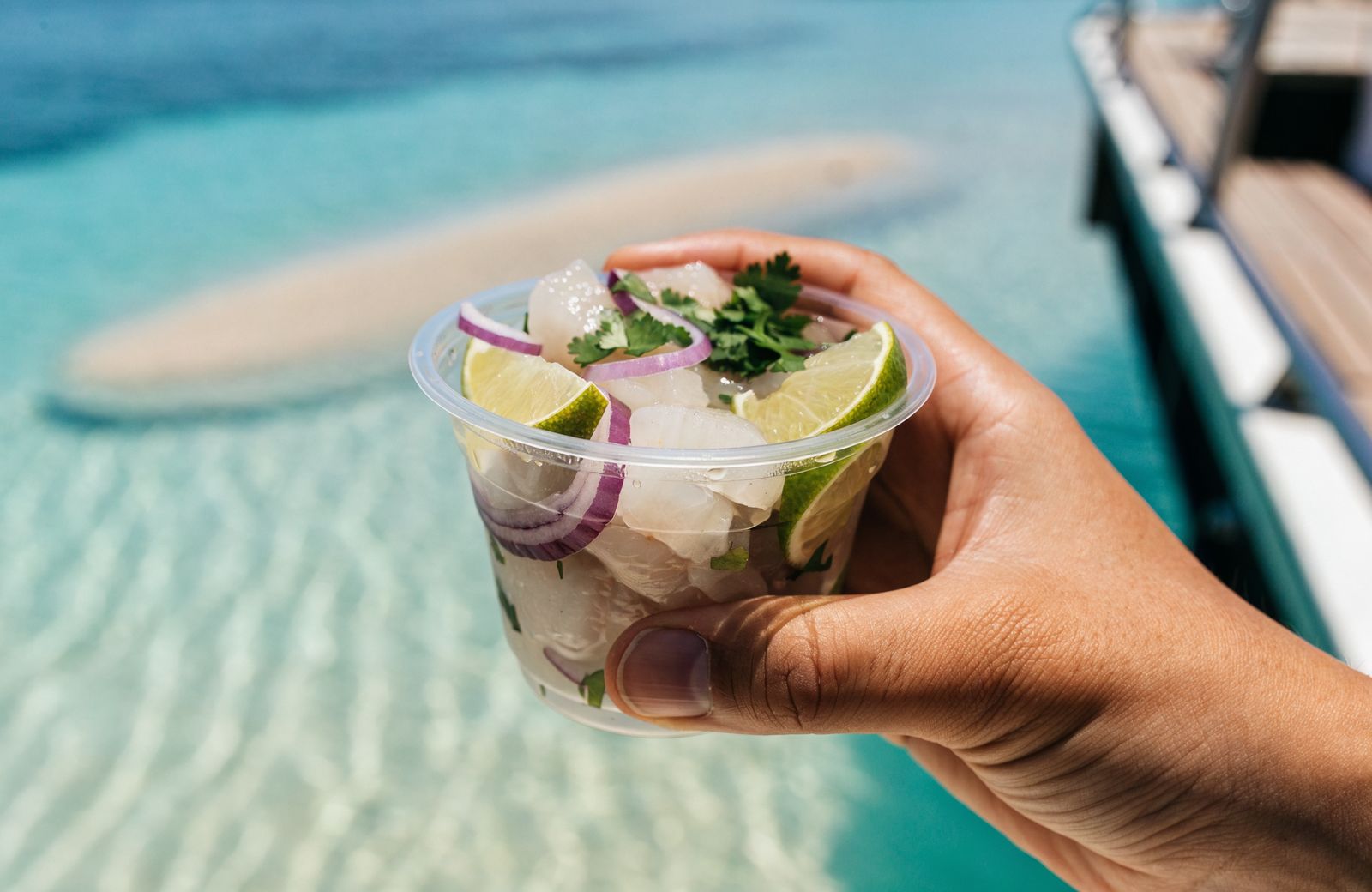 Fresh ceviche cut boatside at the sandbar